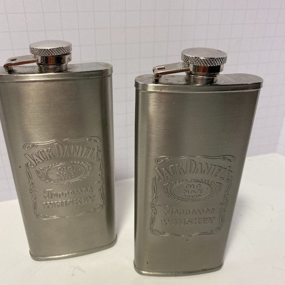 Engraved Stainless Steel Pair of Flasks